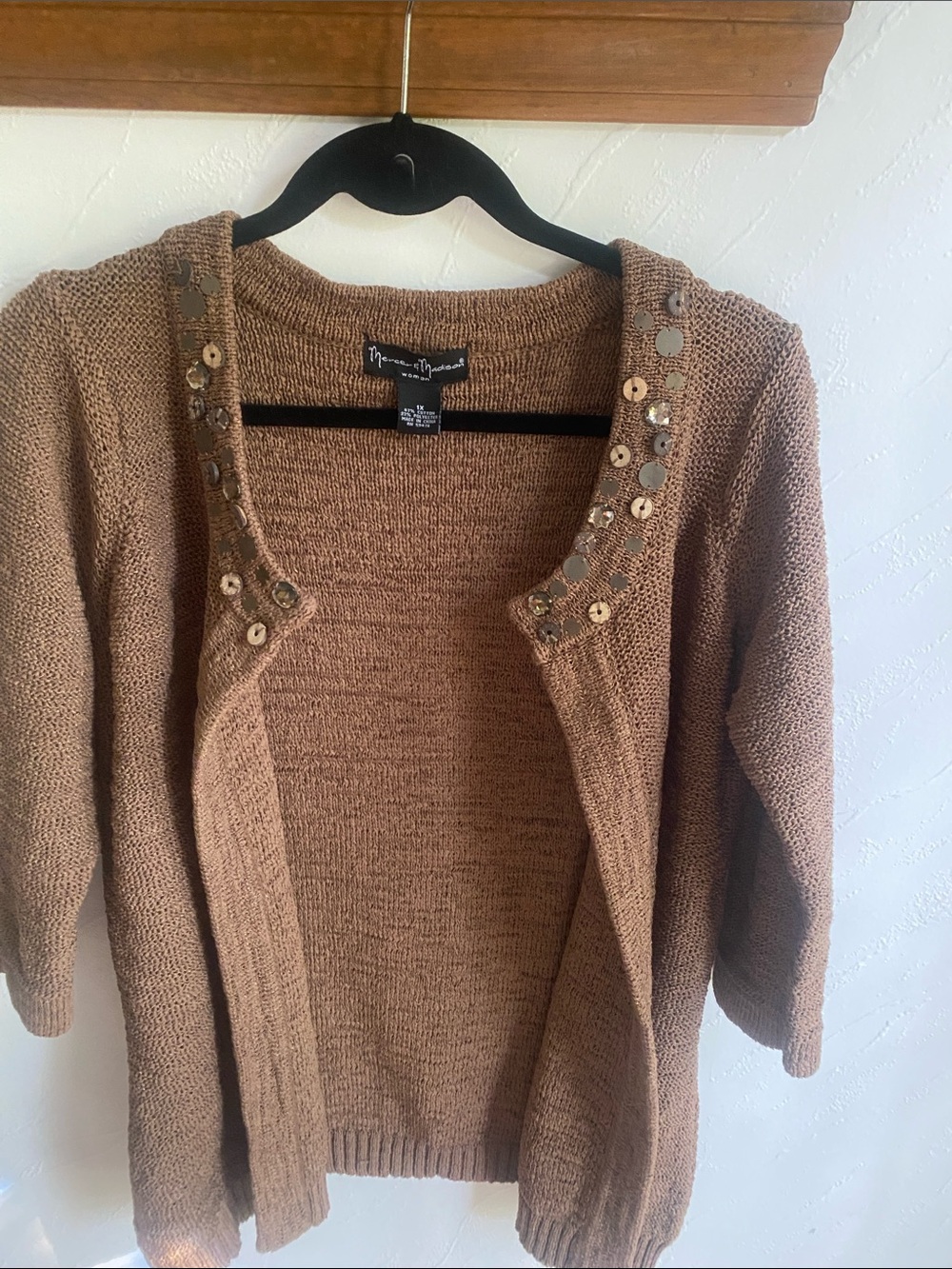 mercer & madison Brown Embellished Open-Front Cardigan